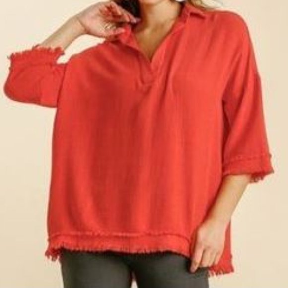 Umgee Tomato Red Linen Blend Over-Sized Boho Tunic with Frayed Hem - Picture 1 of 9